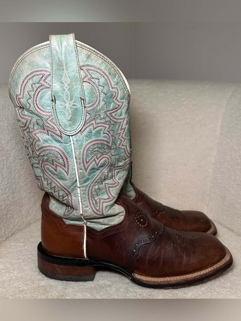 Dan Post Turquoise Brown Leather Wingtip Cowboy Boots Coastal Bohemian Festival